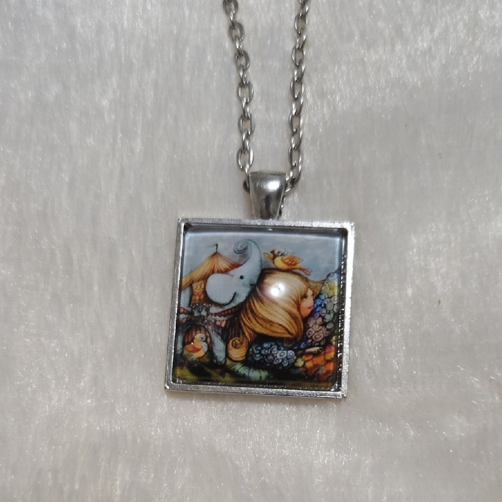 Colorful Square Illustrated Pendant Necklace with Silver Tone Frame